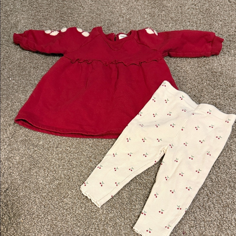 Kids Matching Red Top and Cream Cherry Print Leggings Set